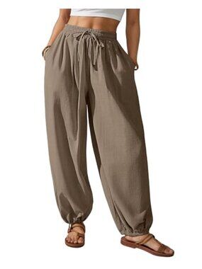 Womens Cotton Harem Pants Elastic Waist Baggy Drawstring Beach Pants